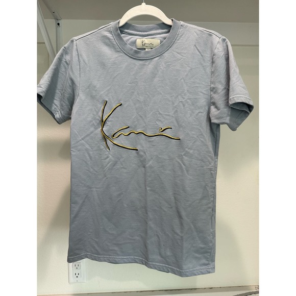 Karl Kani Women's T-Shirt Blue with Gold Embroidery Heavy Cotton Size Small‎ - Picture 1 of 8